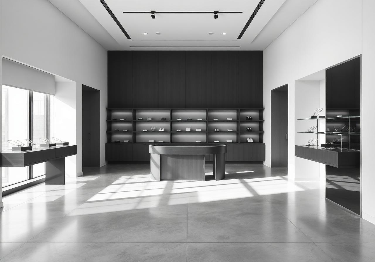 Espacio retail minimalista que evoca el universo Apodemia